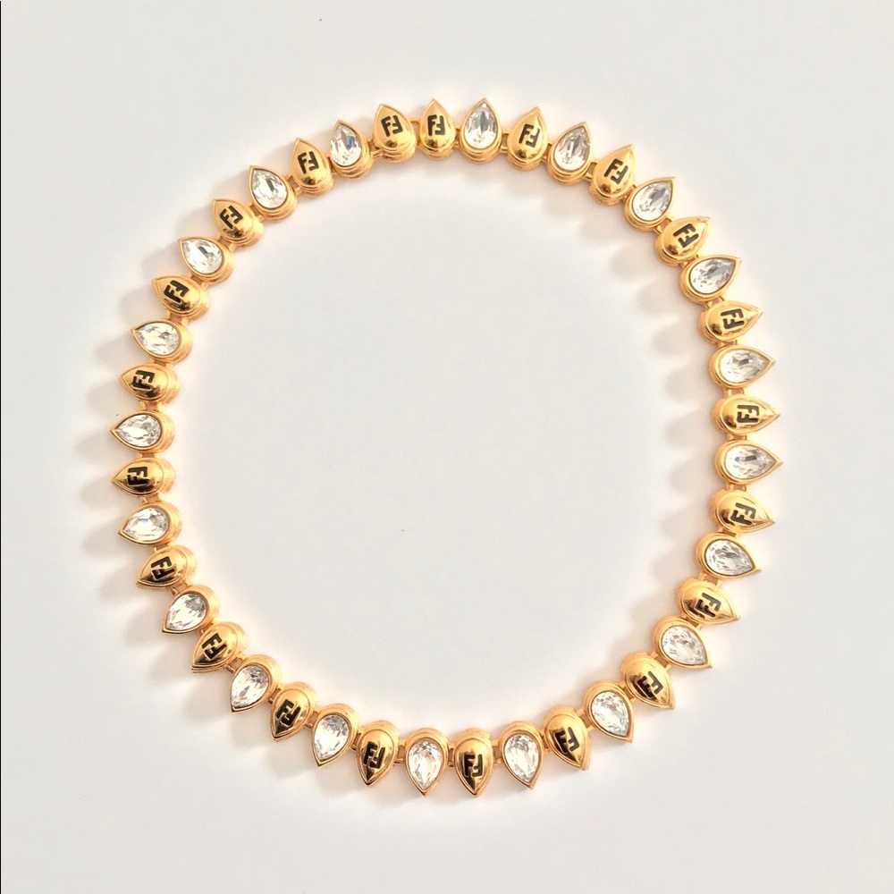 FENDI Rare Vintage FF Logo Gold & Crystal Necklace - Picture 5 of 6